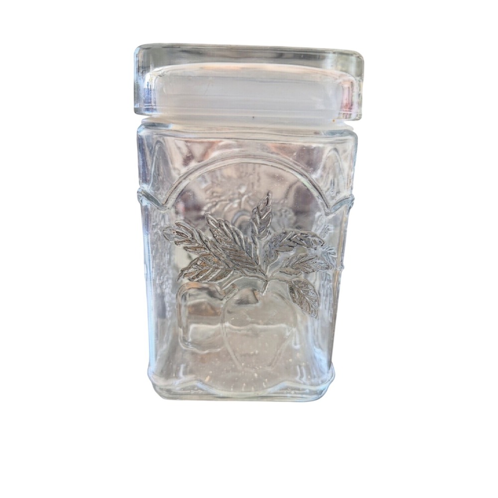 Vintage Canadian Glass Canister 7" Square Embossed Fruit Leaf Design Storage Jar - Picture 1 of 6